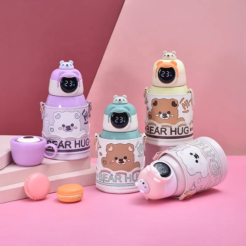 Customized 500ml Children Baby Metal Teddy Bear Insulated Smart Led Digital Thermos Hot Water Bottle for Kids with Strap Sleeve