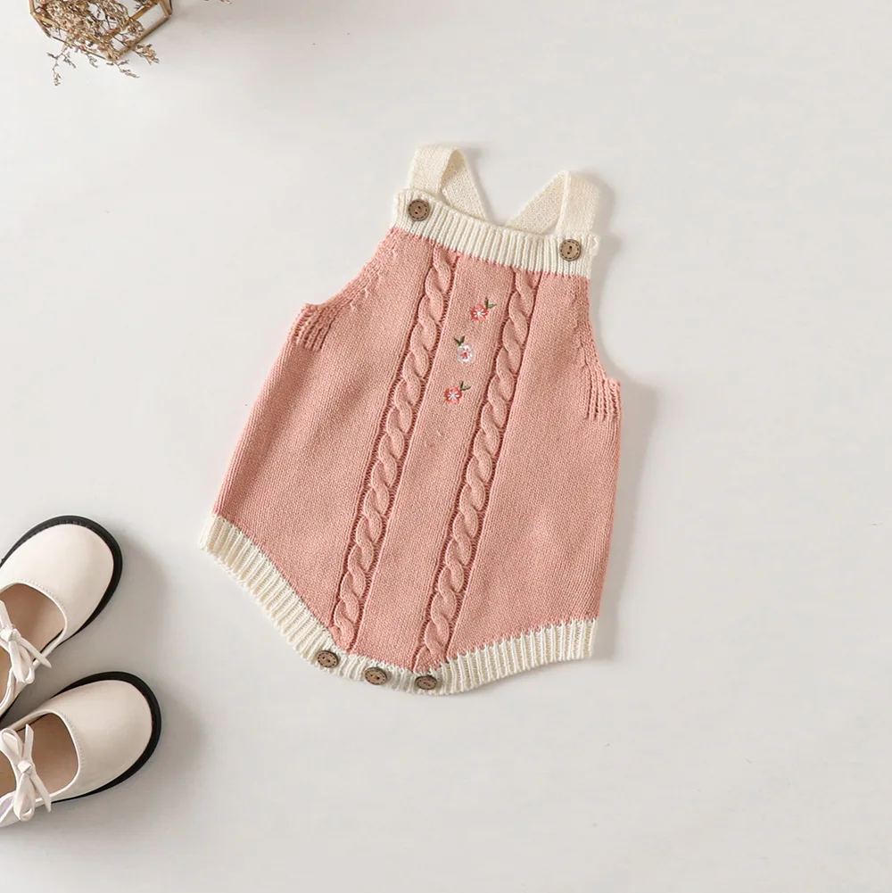 Customized 2023 Baby  Girls Clothes Sets Vintage Pink Floral Cardigan Knit Woolen Sweater O-Neck Children Outwear Coat Romper