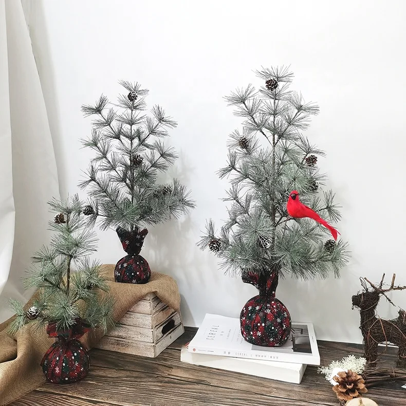 Christmas gifts mini glitter pine needle Christmas trees with red feather bird Christmas tree