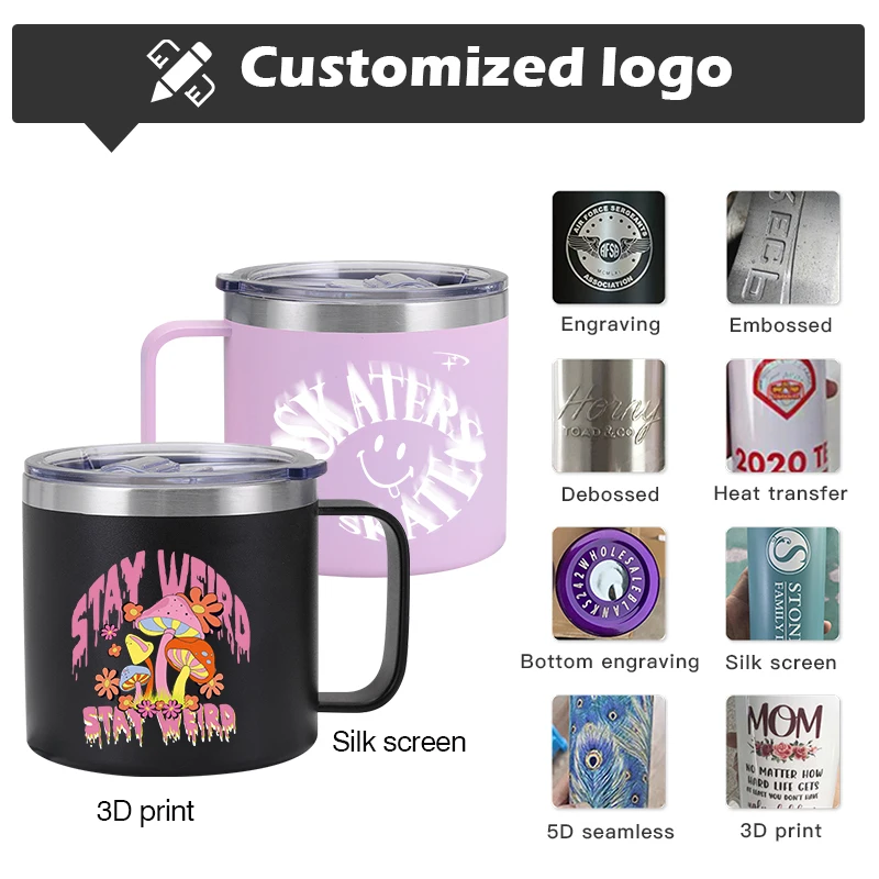 Wholesale 14oz custom insulated powder coated stainless steel camper camping tumbler travel coffee mug with handle lid