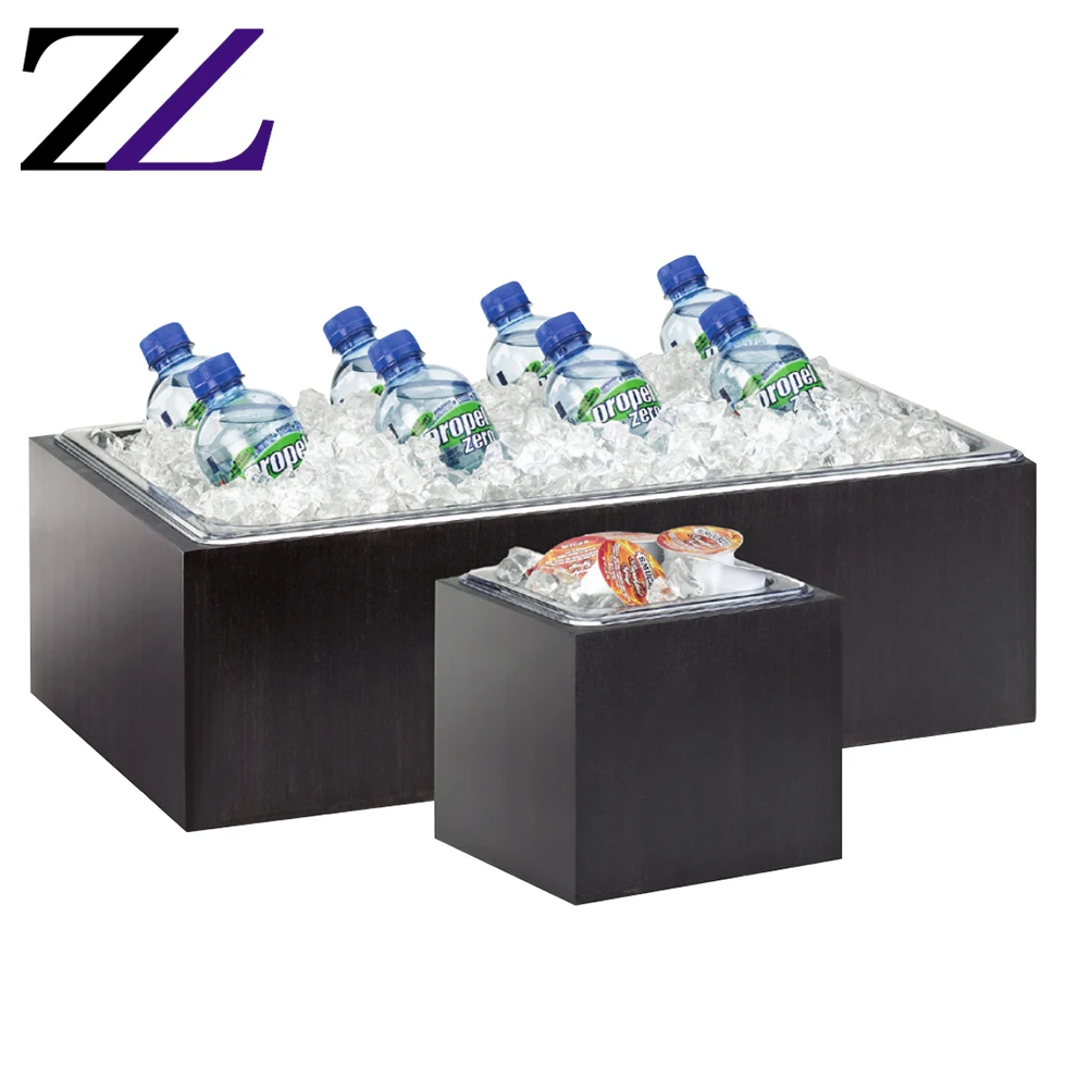 Rectangular gn stainless steel plate inserts wood ice housing rustic cold concept cooling refrigerated beverage cooler display