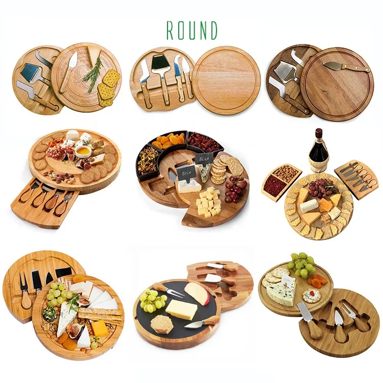 High Quality Round Thickened 9 inches Slide Out Drawer Personalized Small Cheese Board with 4 Knives Included