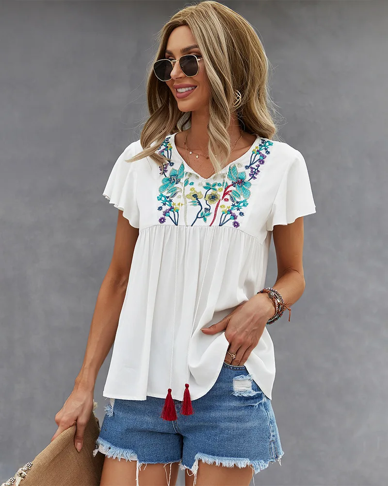 OEM customization vacation T-shirt Embroidered sexy cotton linen top Vintage 70s Ethnic Floral Embroidered Boho Hippie Blouses