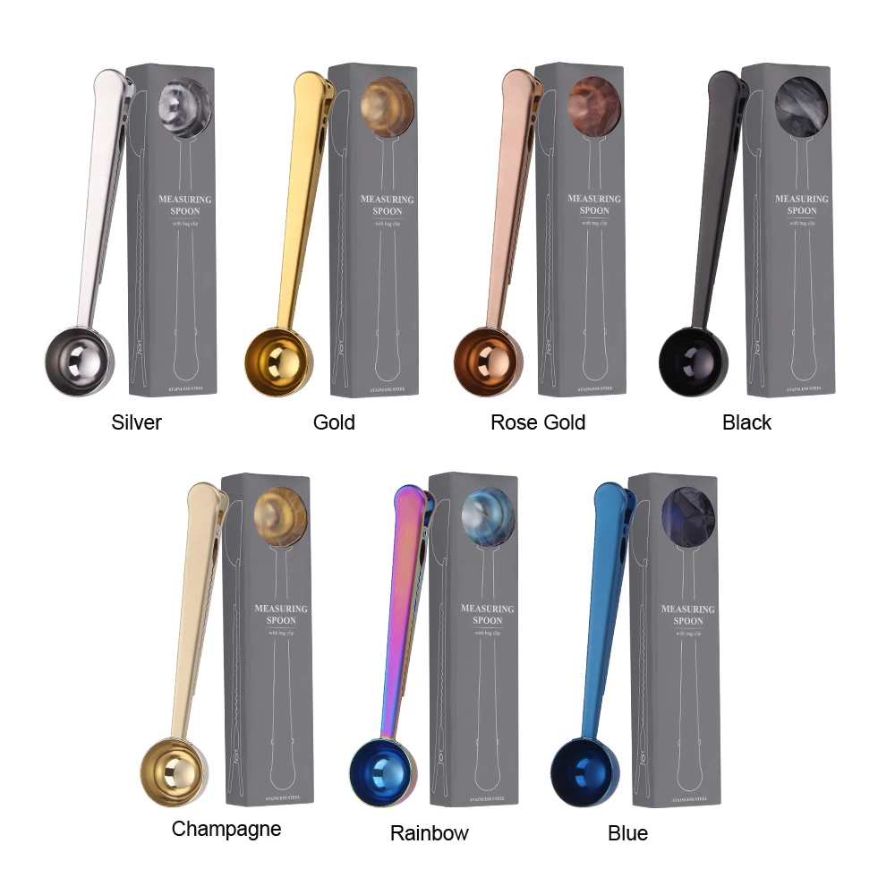custom logo small coffee bean measuring spoon with bag clip steel 2 in 1 multipurpose 15ml powder measuring scoop with gift box