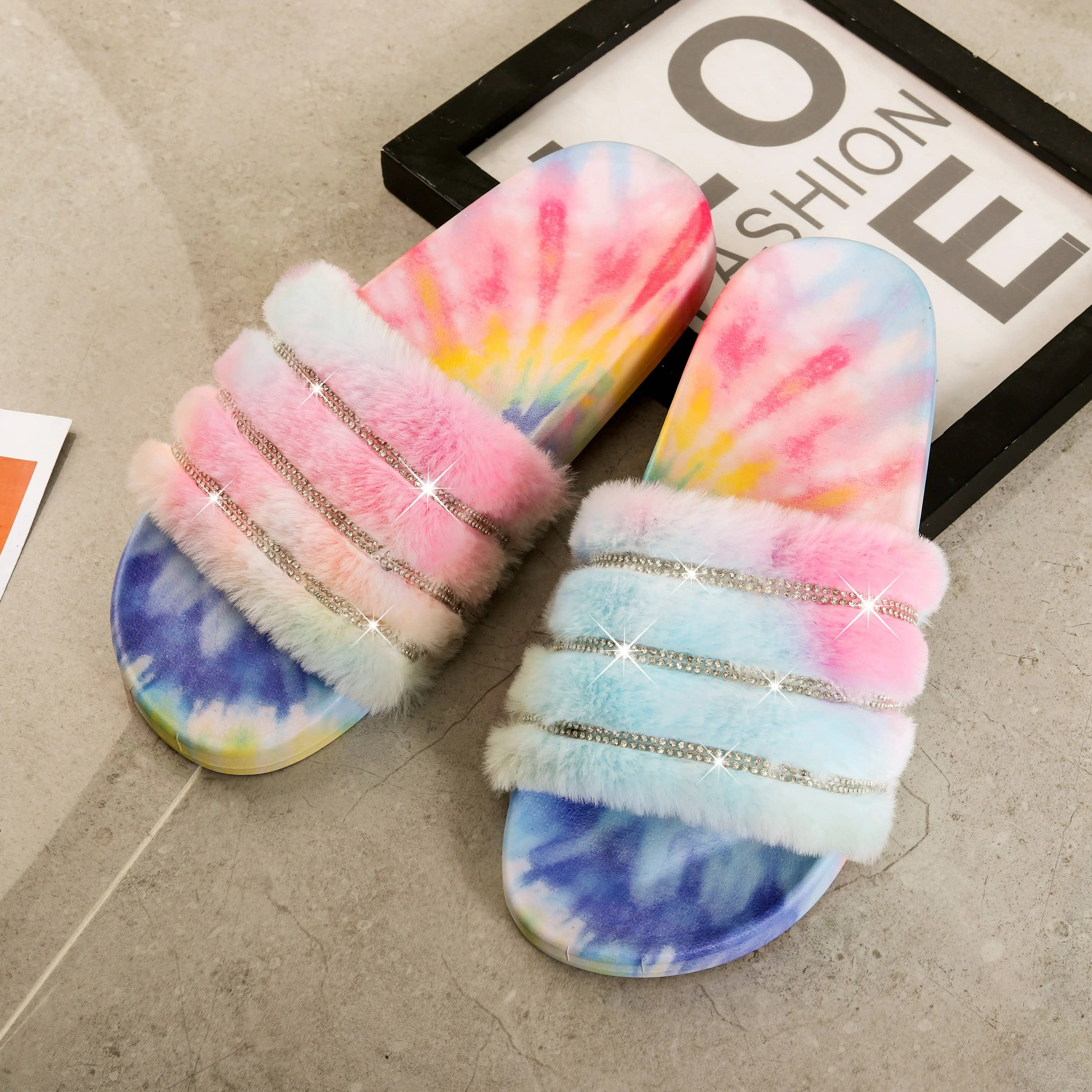 
Fashionable color pad dyeing wool flat bottom slippers for women custom slippers with logo slippers woman outdoor 