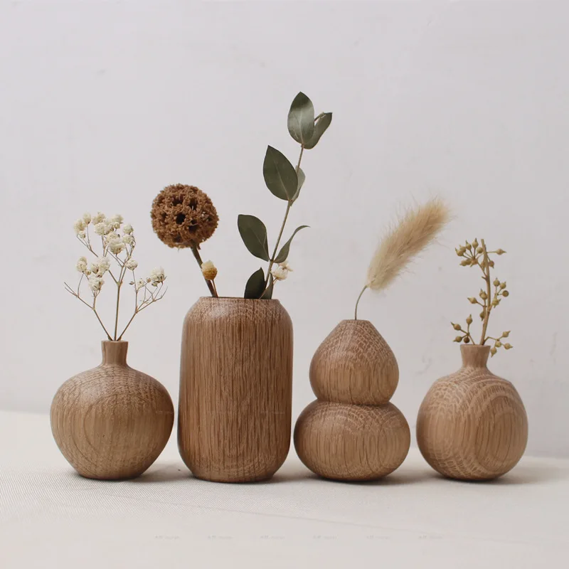 Hand Carved Wood Flower Vase Home Office Decoration Vase Handmade Round Bamboo Japanese style classic flower Bottle