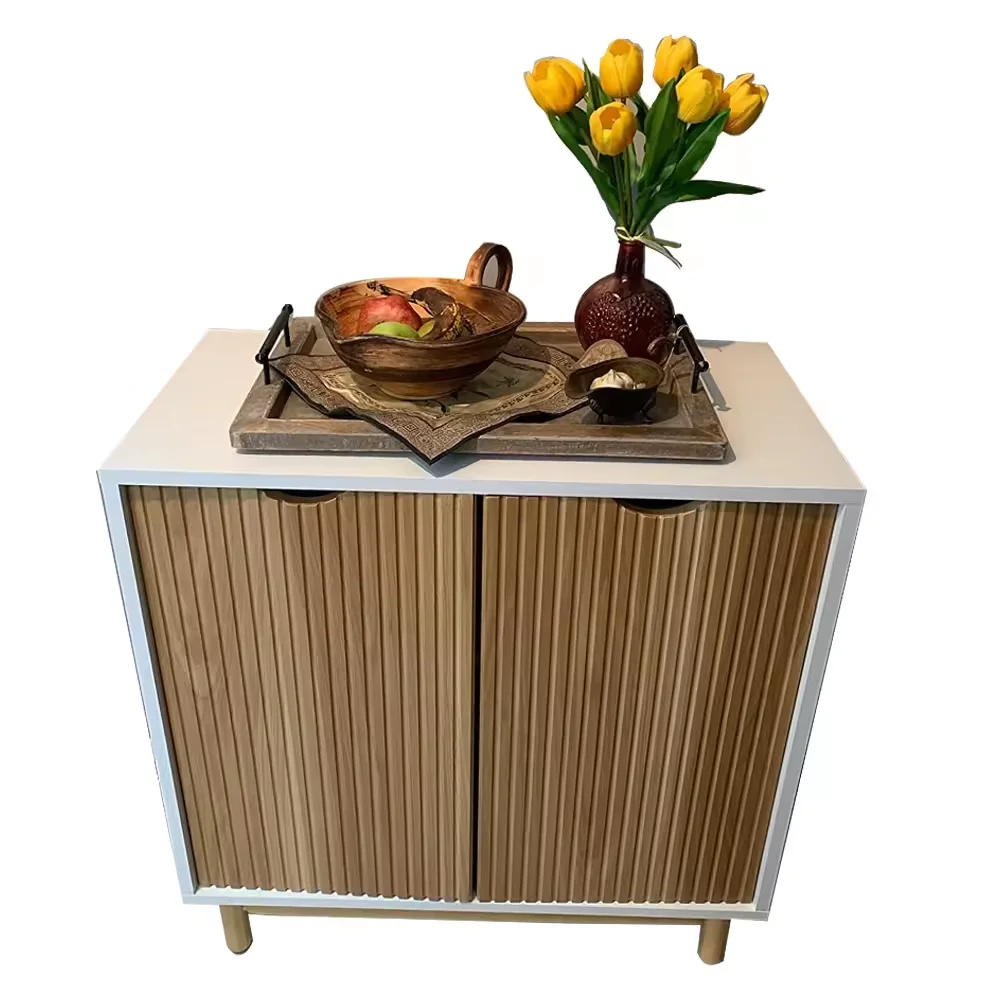 Modern Style Accent Bathroom Floor Cabinet Solid Wood Rattan Storage Sideboard Buffet with Door for Living Room