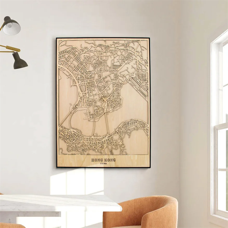 SLT New Handmade 3d Wooden Hong Kong Street City Map Living Room Wall Decorative Picture With Photo Frame