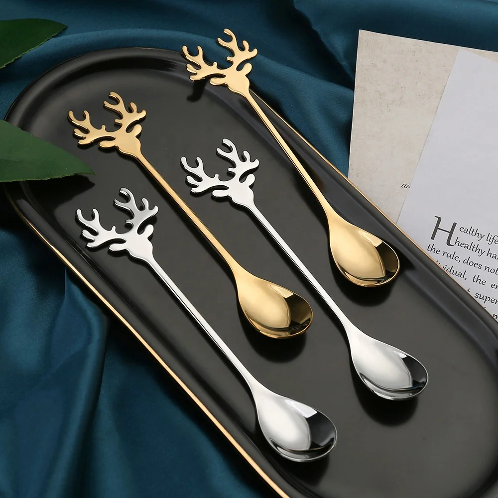 stainless steel 304 exquisite Christmas Elk 2 piece set gift box gold creative styling metal dessert spoons coffee tea spoon set