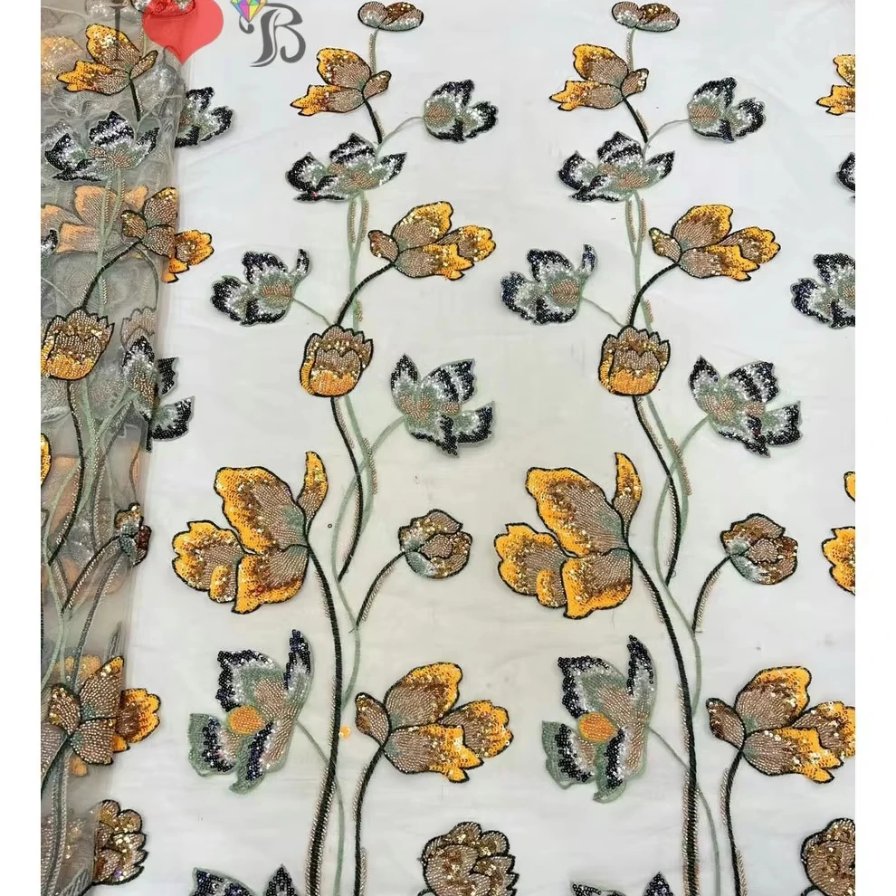 Colorful Beads Type Luxury Wholesale Beads Embroidered Lace Fabric Mesh Material Bridal Full Beads Lace Fabric