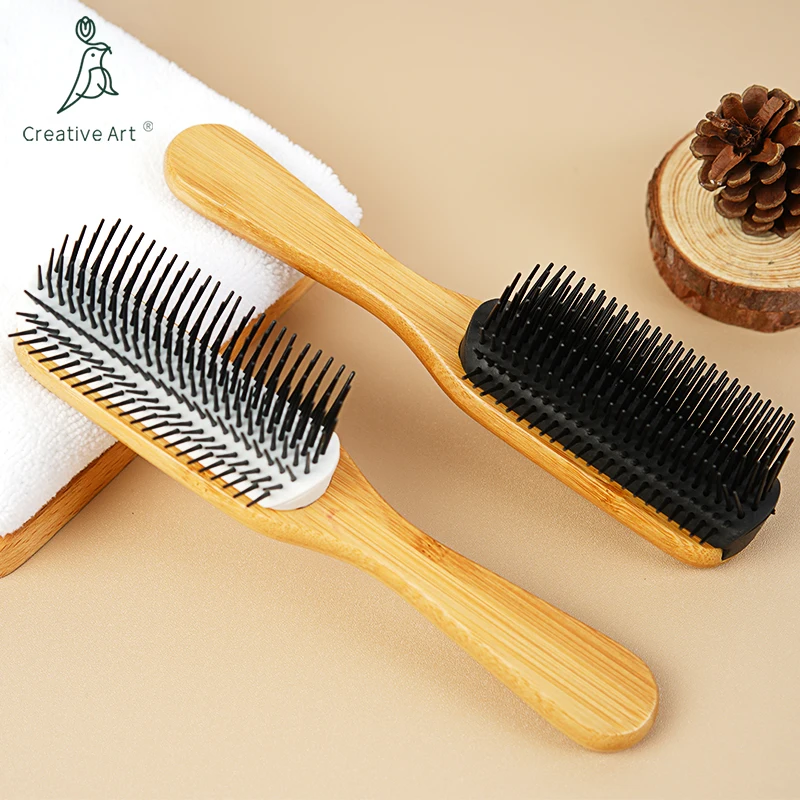 Customized Logo 9 Rows bamboo Nylon Pins Brush Natural Curly Hair Paddle Styling Hair Brush