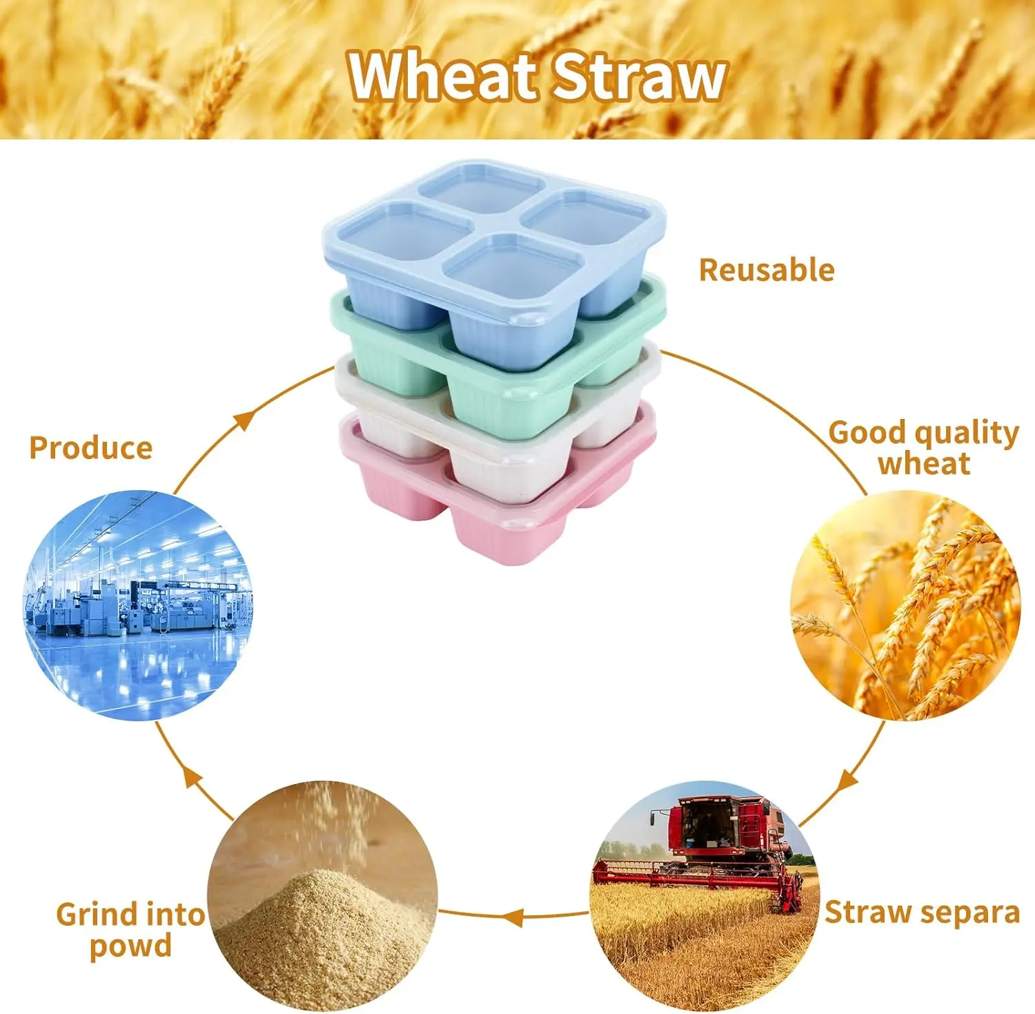 BPA Free Plastic Serving Tray with Lid 4 Compartments Snackle Bento Box Wheat Straw Meal Prep Containers (4 Pack)