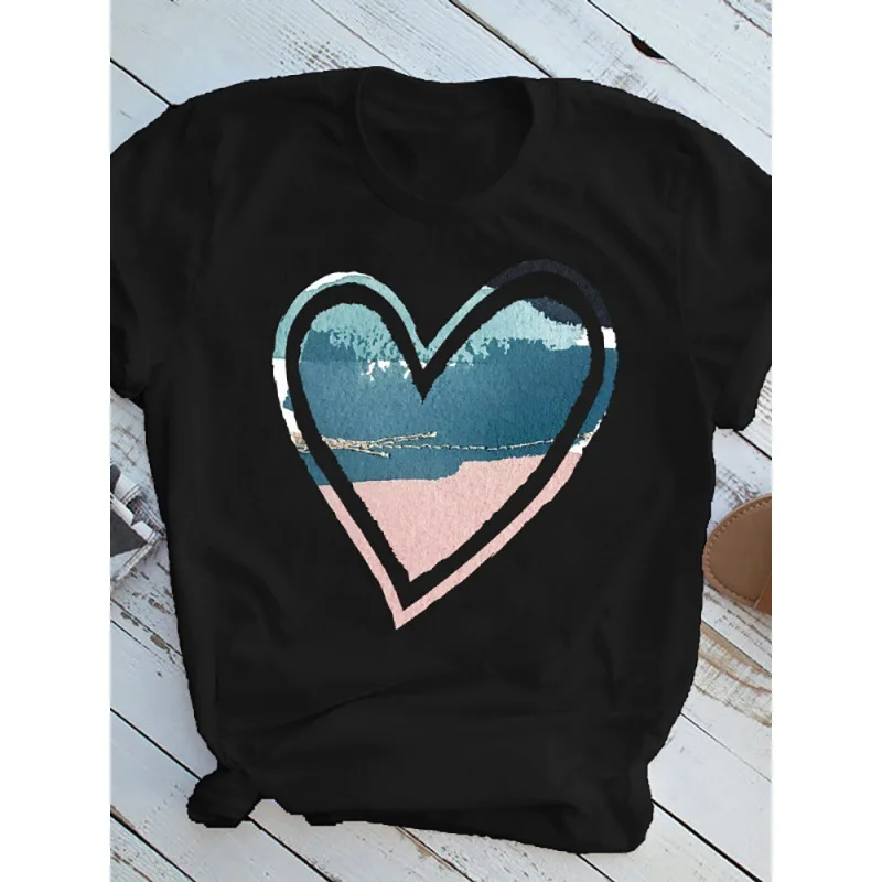 Heart Print Ladies T-shirt Ladies Casual Basis Graphic O-collar White Shirt Short Sleeve Ladies Love Oversized Printing T-shirt