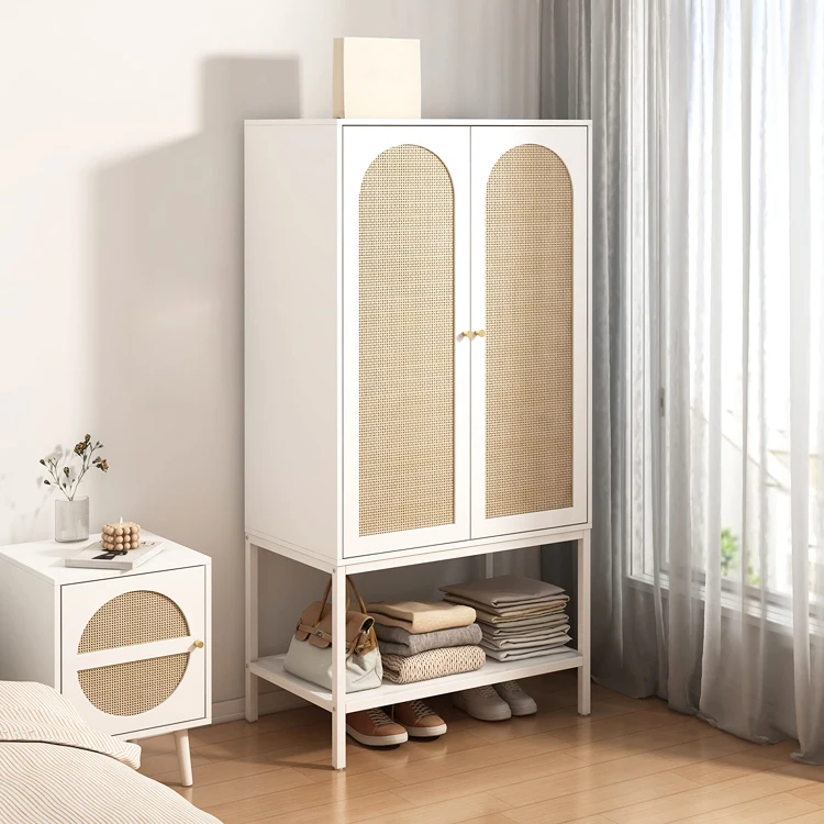 Bedroom Armoire Wooden Rattan Freestanding Storage Organizer Cubes Shelf Wardrobe Cabinet Clothing Hanging Rod Wardrobe Closet