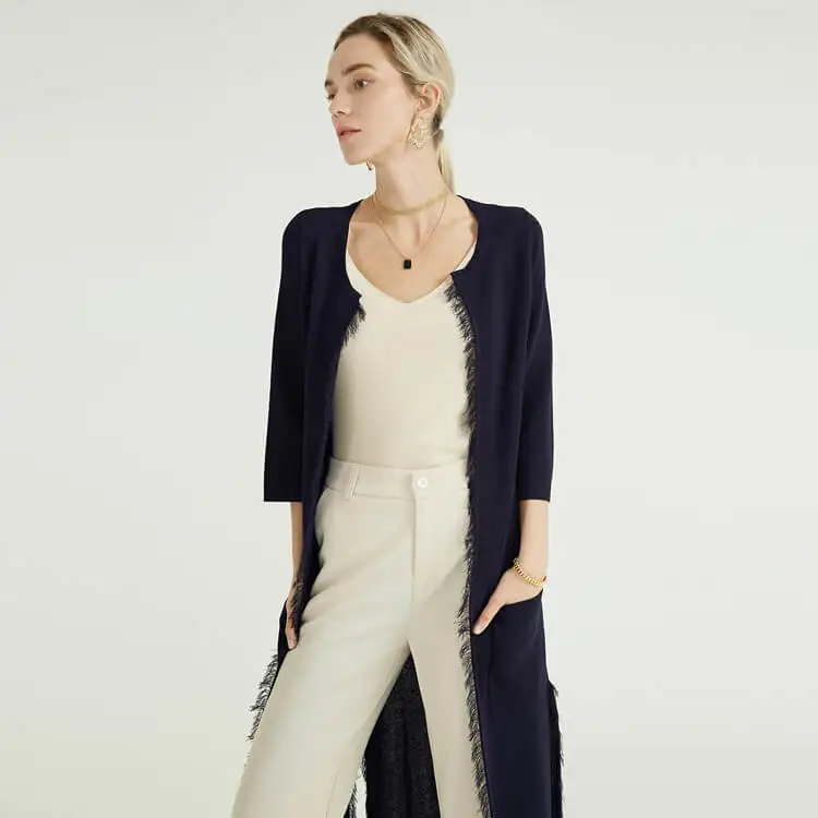 Knitwear Manufacturers Navy Cotton Tassel Long Cotton Sweater Custom Knit Knitted Cardigan