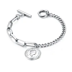 Stainless Steel Jewelry Vintage Human Head Round Medal Bracelet Rose Gold Plated Ladies Bracelet Elizabeth Coin