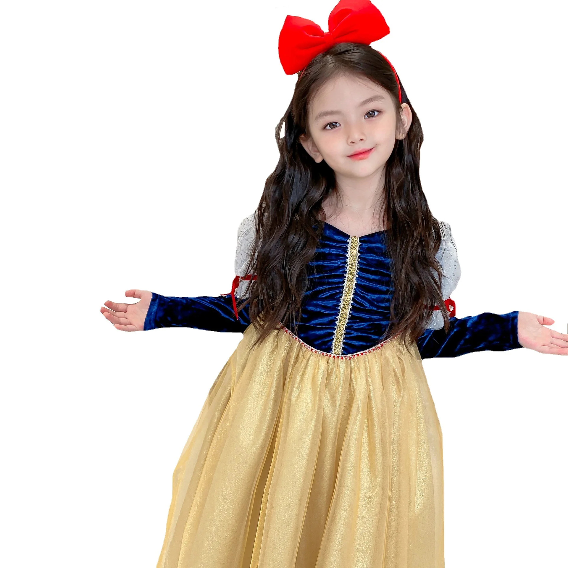2023-2024 new Girls Snow White dress Canary bubble long sleeve dragon head gold dress