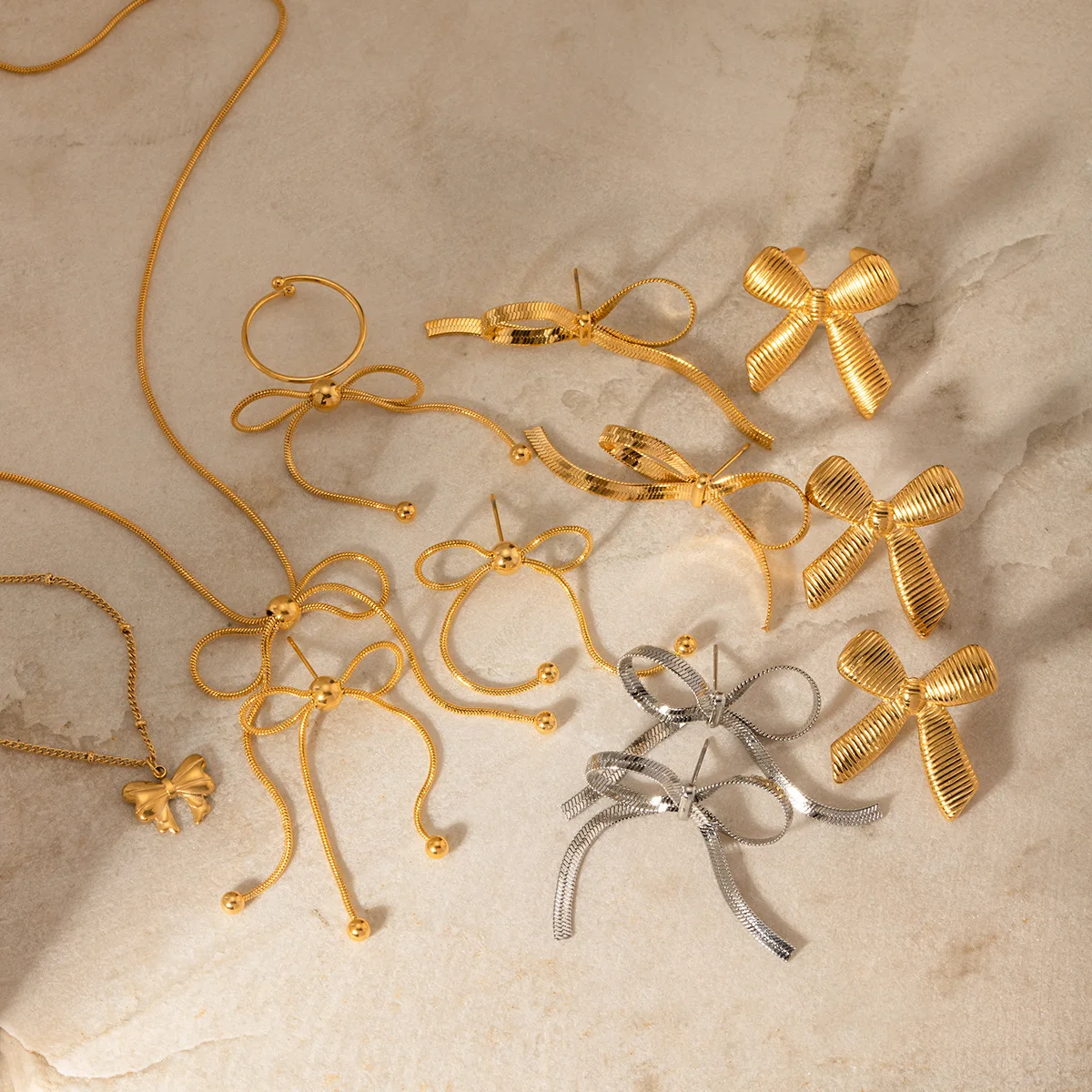 Trendy Stainless Steel Heart Bow Jewelry Fine Jewelry 18K Gold Plated Butterfly Knot Bow Earring Bracelet for Women