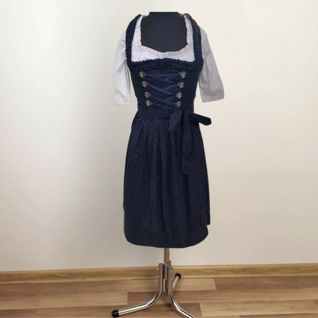 Elegant Navy Blue Dirndl Dress Polka Dot Dress with Lace-Up Classic Apron Design dress