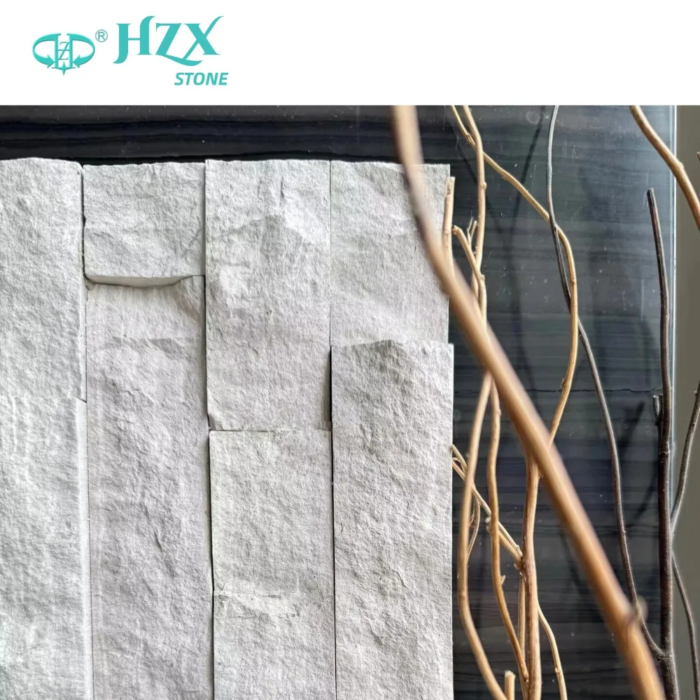 HZX Modern Design White Marble Wall Cladding Antacid Splitface and Polished Wooden Stacked Ledger Stone Panel for Villas