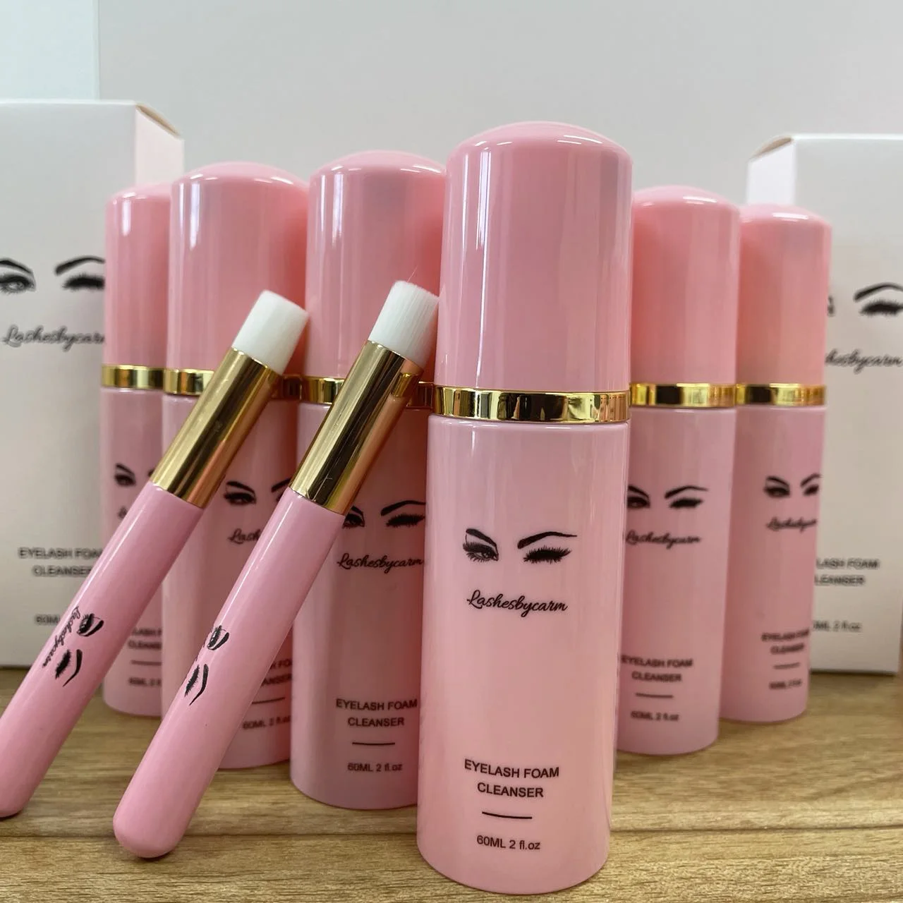 Private Label Pink Wholesale Bulk Natural Organic Vegan Eyelash and Brow Shampoo Kit Custom Logo Foam Cleanser Set Lash Shampoo