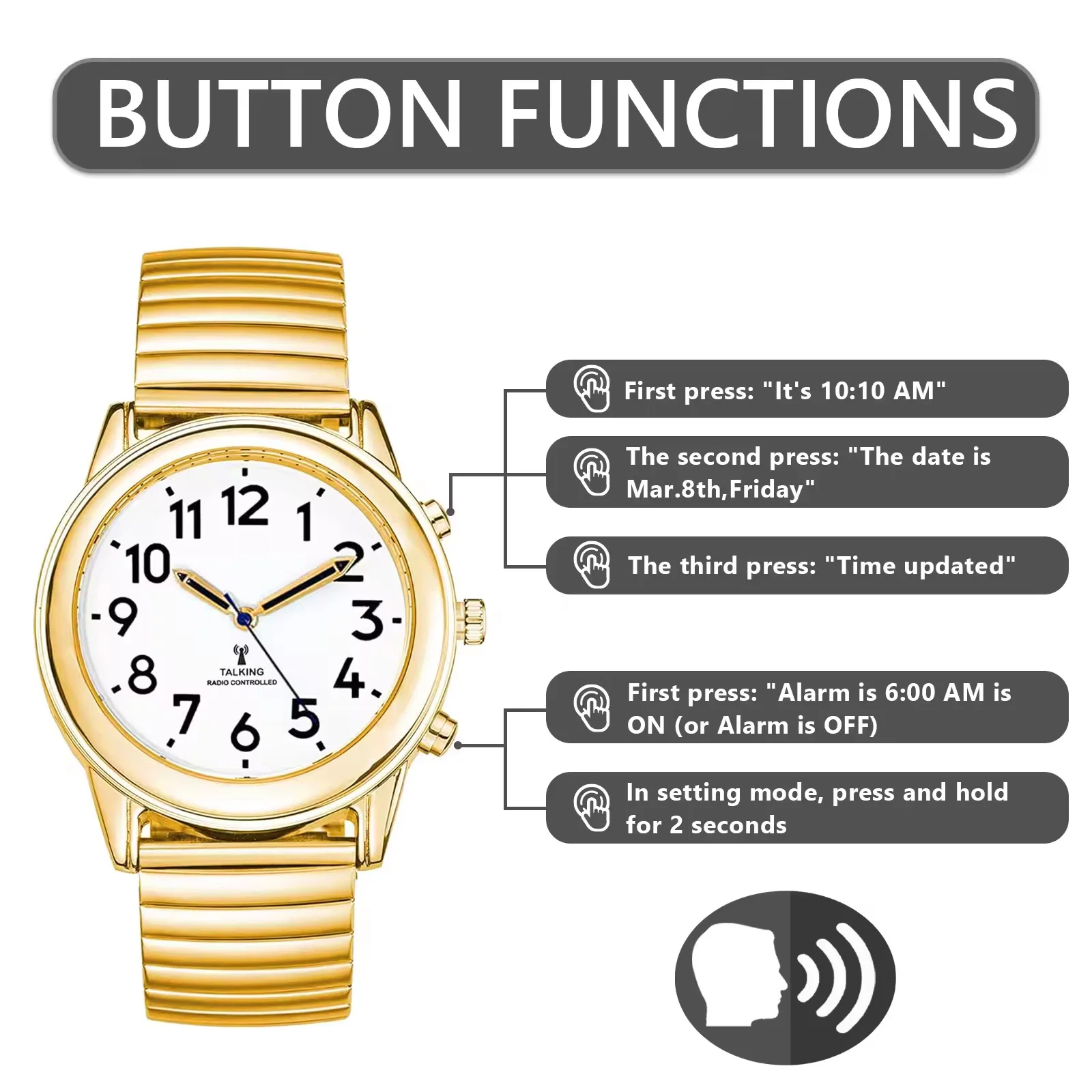 2024 Hot Selling Talking  Wrist Watch Automatic Radio Controlled time setting For Blind And Visual Impaired