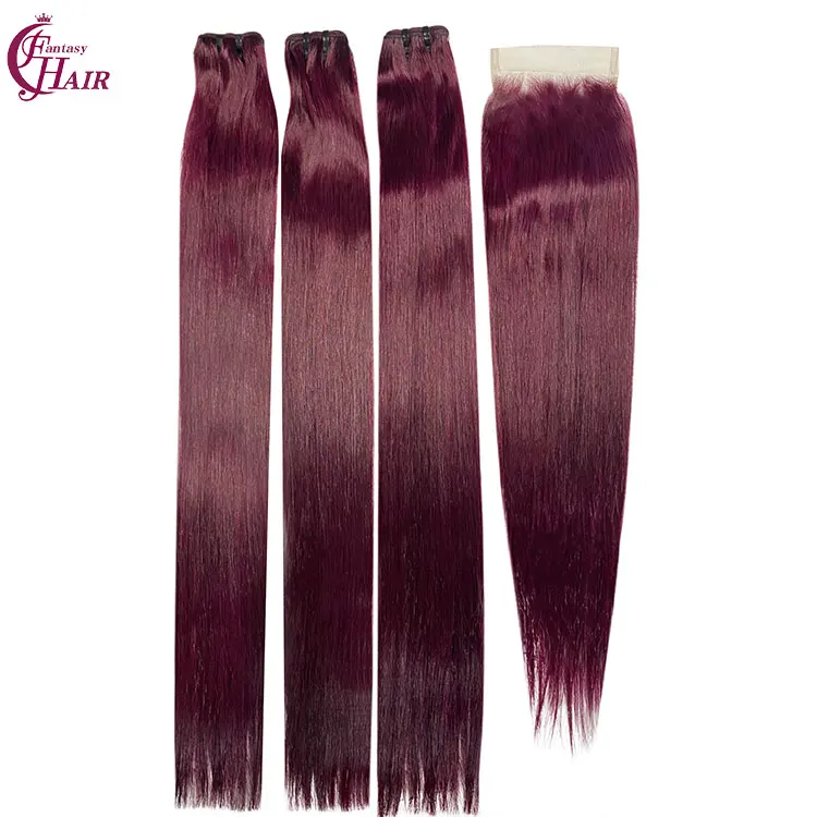 FH Double Drawn 3 Human Hair Bundle with Closure Set  4x4 Straight  Lace Closure 100% Real Hair 99j Colored Machine Weft
