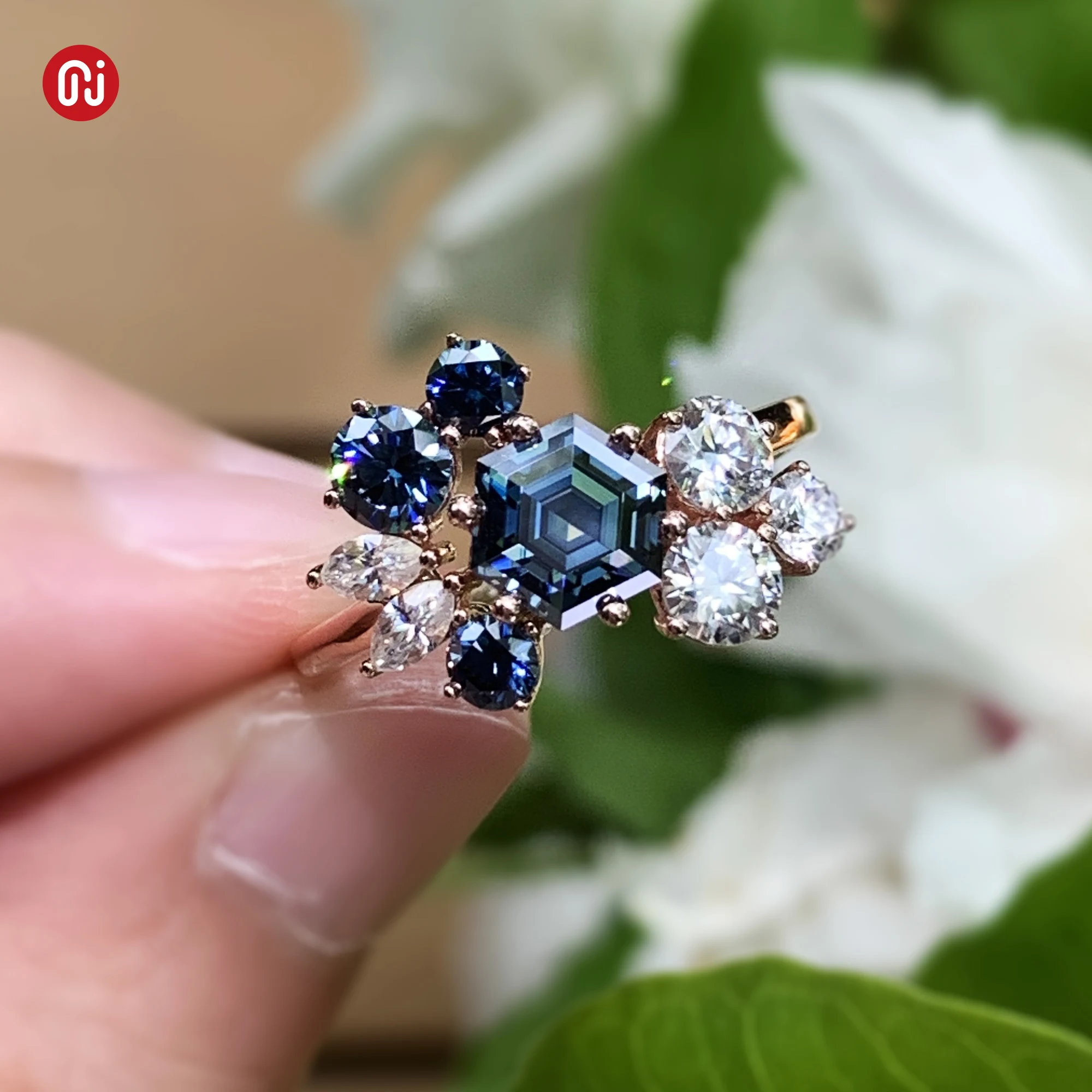 GIGAJEWE total2ct Vivid Blue color 6mm Hexagon Cut Ring Moissanite 9K/14K/18K Rose Gold  Moissanite Ring Customize Jewelry