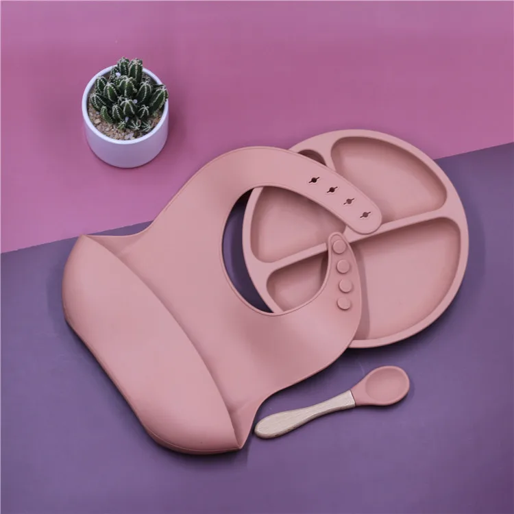 Mix Colour Wooden Handle Silicone Spoon Hot Selling Baby Waterproof Silicone Bibs dropshipping Silicone Plate