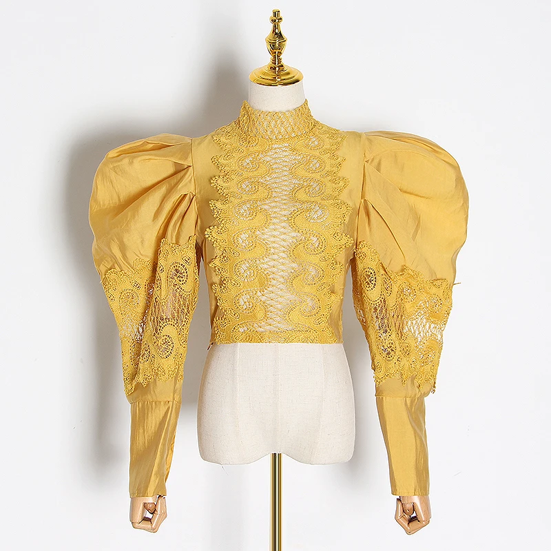 CHICEVER Puff Sleeve Tops Hollow Out Women Shirt Turtleneck Lace Up Crop Top 2020 Fashion Blouse