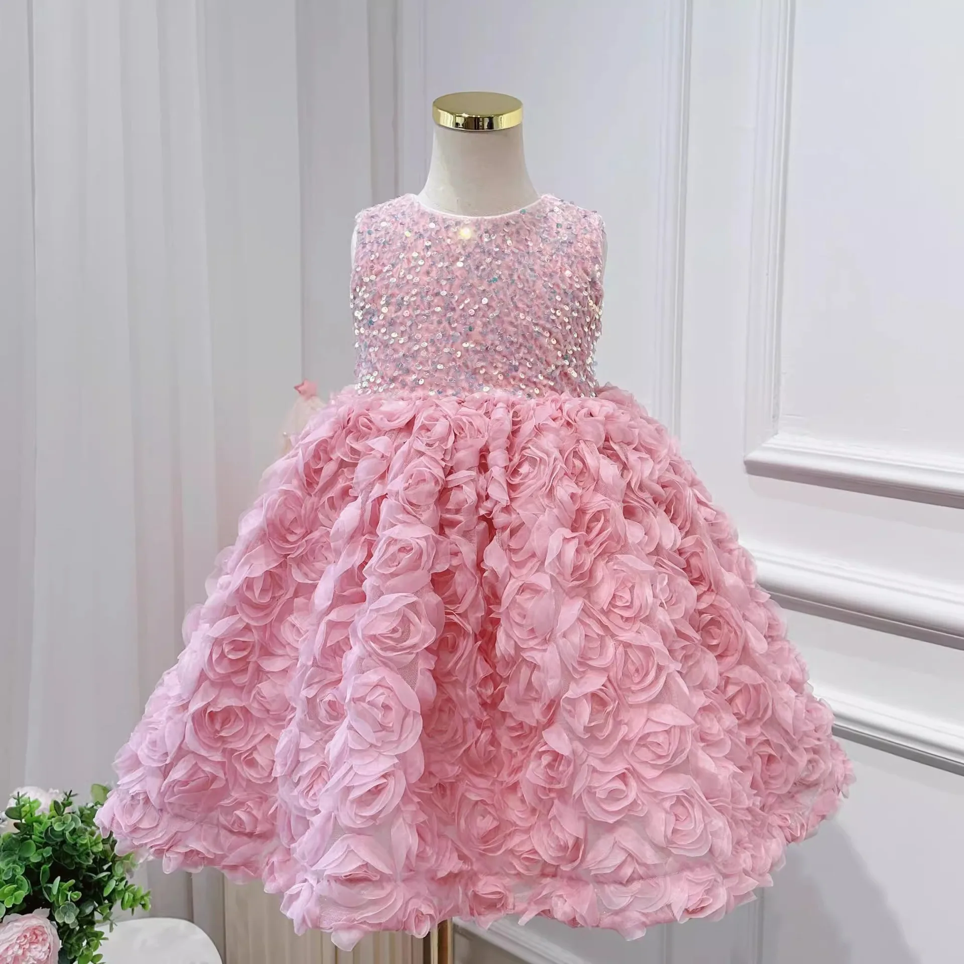 OEM wholesale girls party dress rose flower 3D birthday kids clothing S02