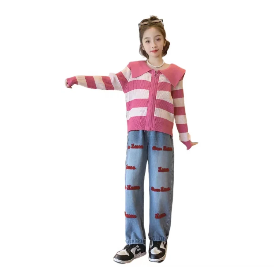 Wholesale High Quality Vintage Striped Girl Coat Knit Top Sweater Children Clothes Spring Fall Casual Kid Jacket