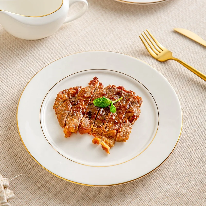 Ourwarm 8in 10in Porcelain Tableware Ceramic Round Plate Wedding Decoration Gold Table Dinnerware Hotel Dishes