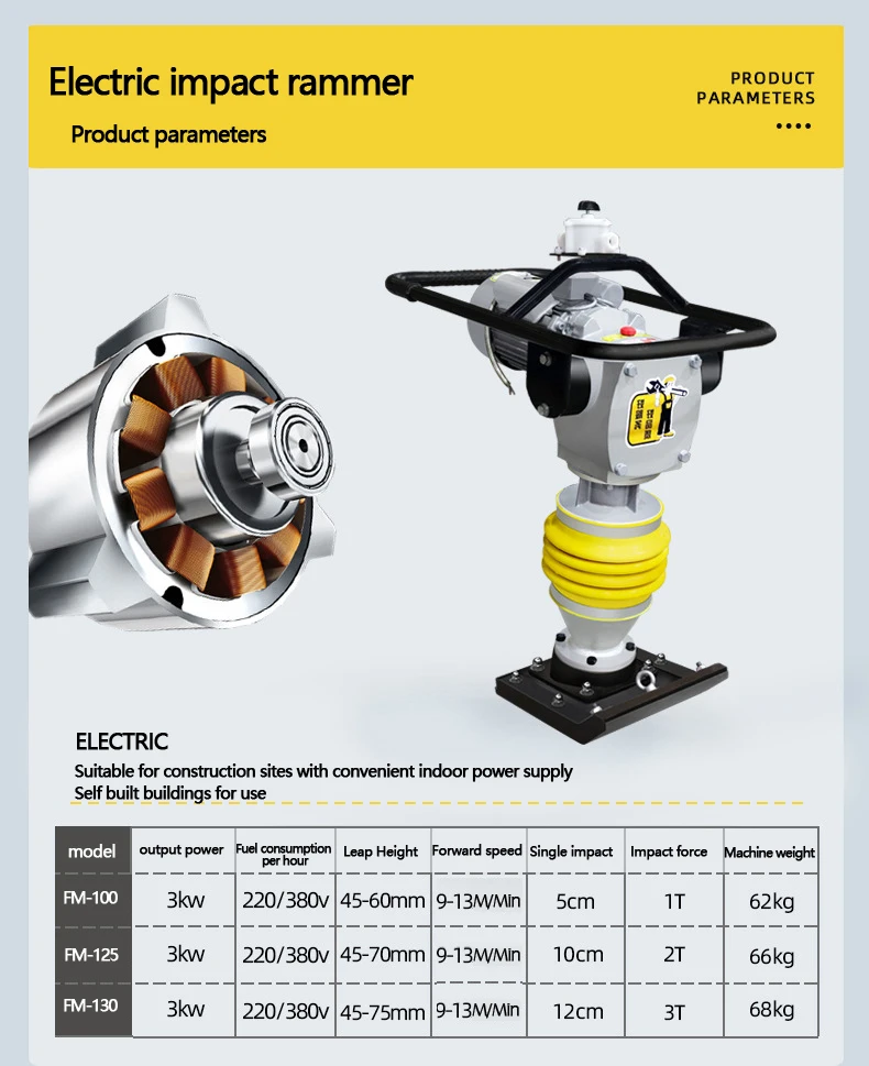 FM125 3kw Electric Tamping Rammer New Jumping Compactor Construction Roadwork Industrial Application Engine Motor Core