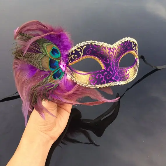 Eco-friendly DIY  Decorative cock feather mask for party decoration Red masquerade colorful ostrich feather mask