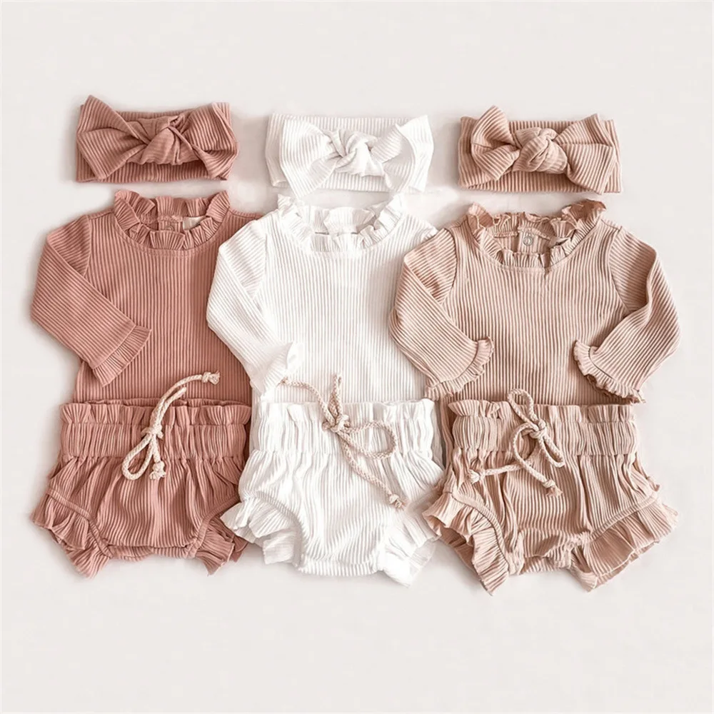 wholesale cotton 3pcs knitting ribbed tank top romper and bloomer baby clothing set with bow clothes