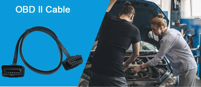 Low Profile Flat Ribbon OBD Diagnostic Cable Male to Female 16 Pin J1962 OBDII Right Angle Extension Wire OBD Extension Cable