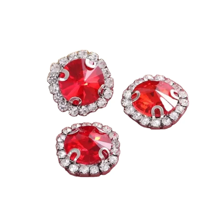 Luxury high quality topaz brand factory red round sew on glass rhinestone with claw setting