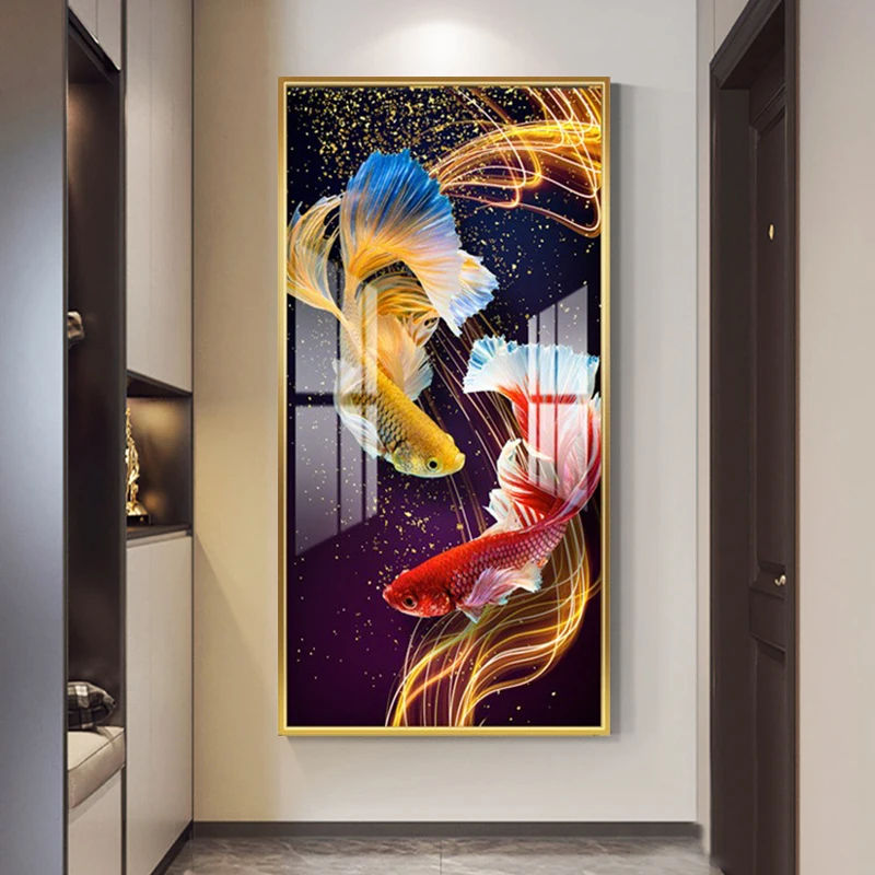 Hotel Corridor Wall Decoration Luxury Animal Painting with Frame Picture Art Colorful Goldfish Crystal Porcelain Wall Art