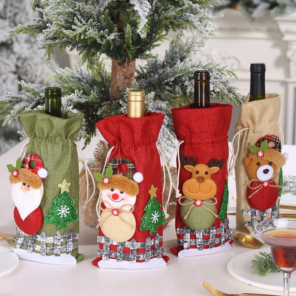 Christmas Ornaments Burlap Snow Cartoon Drawstring Wine Bottle Set Plaid Doll Wine Bottle Bag Christmas Wine Bottle Cover New