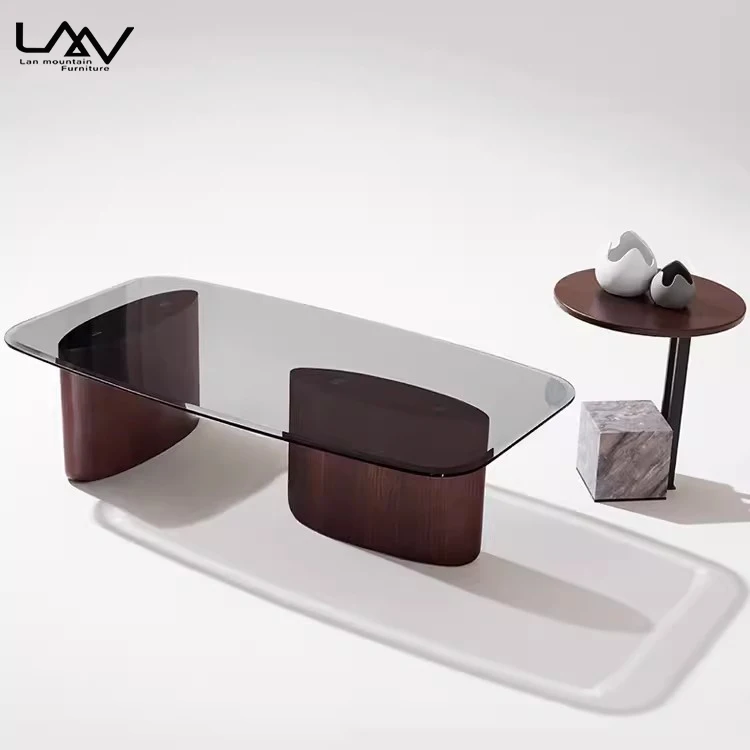 Italian style walnut coffee table set modern hotel villa living room wood leg glass top coffee table and side table furniture