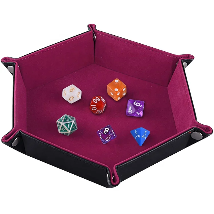 Elegant Rose Red Velvet Dice Holder Hexagon Folding Dice Storage Box Leather Tray