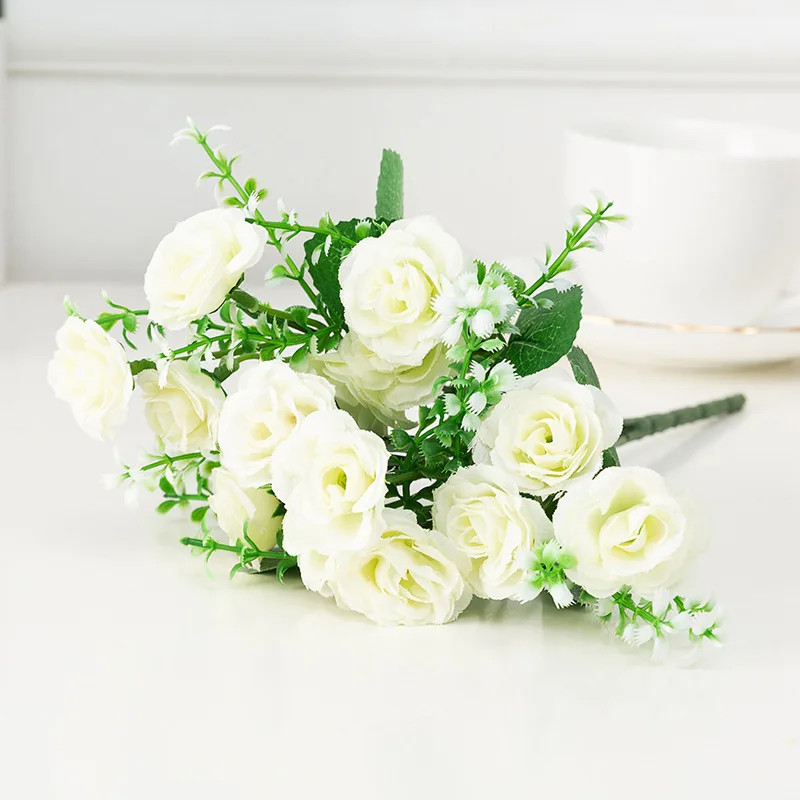 Hot Sell 15 Head Small Rose Bouquet Wedding Bridal Bouquet Flower Artificial Silk Kunstbloemen For Bruiloft Decoration