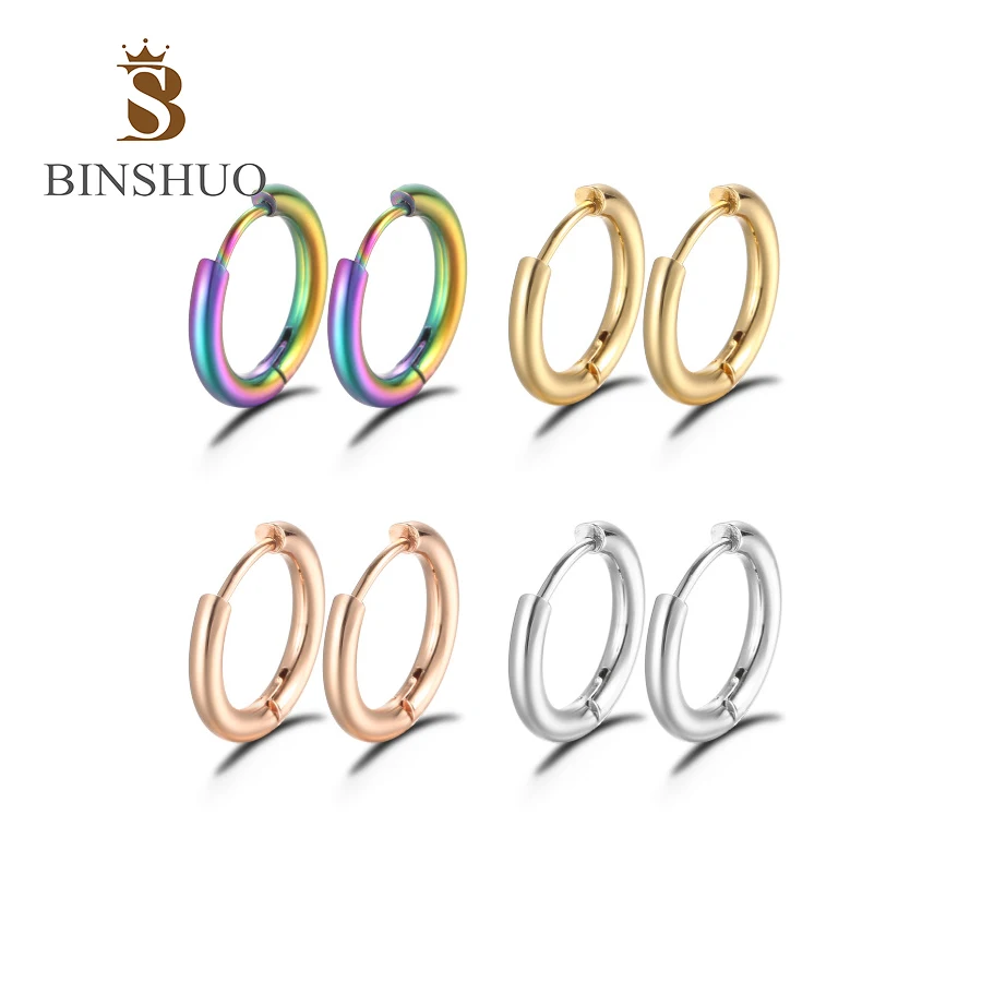 BINSHUO Wholesale Clip on Hoop Earrings Stainless Steel Jewelry 18K Gold Plated Waterproof 8-20MM Women Round Hoop Earring Men