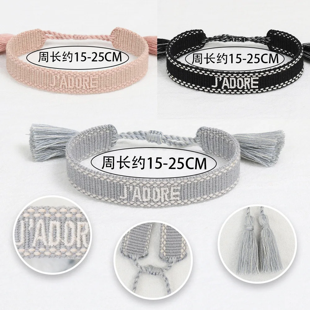 Ethnic embroidered designer letters tassel twisted rope crochet braided cord bracelet and charms
