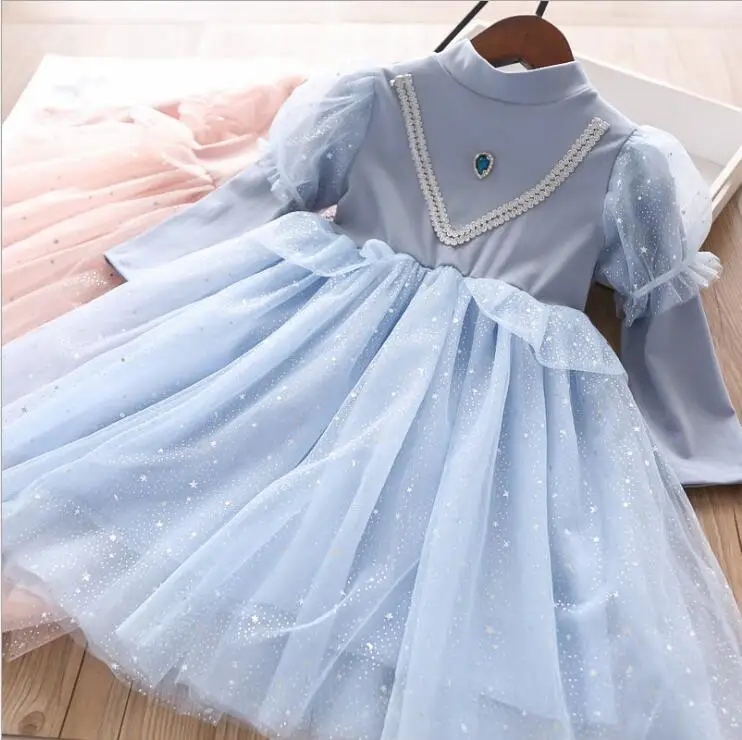Puff Sleeve Diamond Knitted Star Tulle Stitching Childrens Girls Fall Autumn Dresses With Tulle