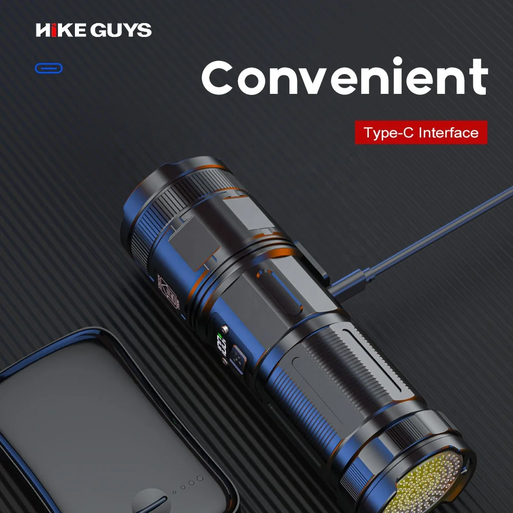 LED Flashlight, White Laser Wick Super Bright Torch Light High Lumens Rechargeable Long Range Spotlight for Outdoor Camping