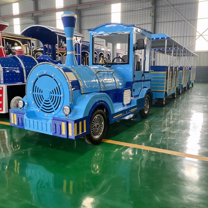 Tourist attractions Family Rides Electric leisure blue trackless train for sale