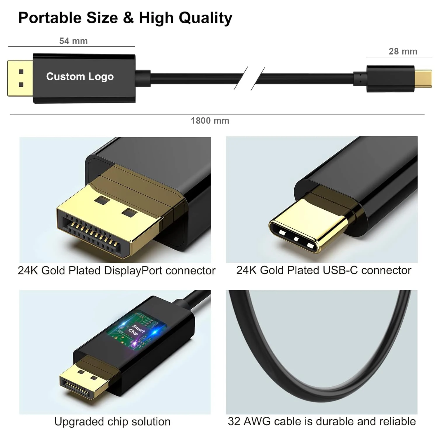 Low MOQ OEM ODM Custom 1m 2m 3m UHD USB Type C to DP 8K 60Hz USB-C to Displayport 1.4 Cable for Macbook PC TV HDTV