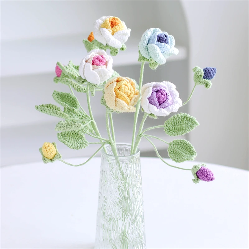 New Handmade Crochet Flower Bouquet Blooming Three Leaf Rose Multicolor Handmade Crochet Flowers